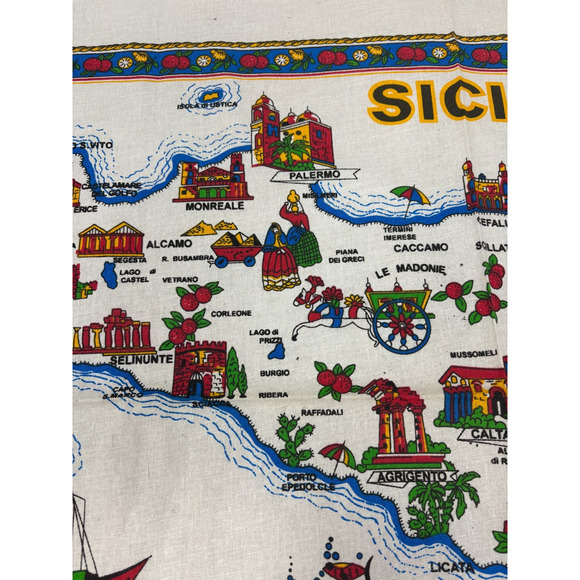 VTG SICILIA Sicily Cotton Tea Towel Dish Kitchen Towel Map Landmarks Crest 23x34 - Picture 4 of 10